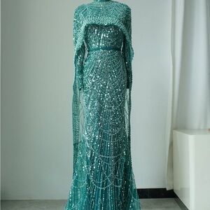 Green Sequin Mock Neck Gown